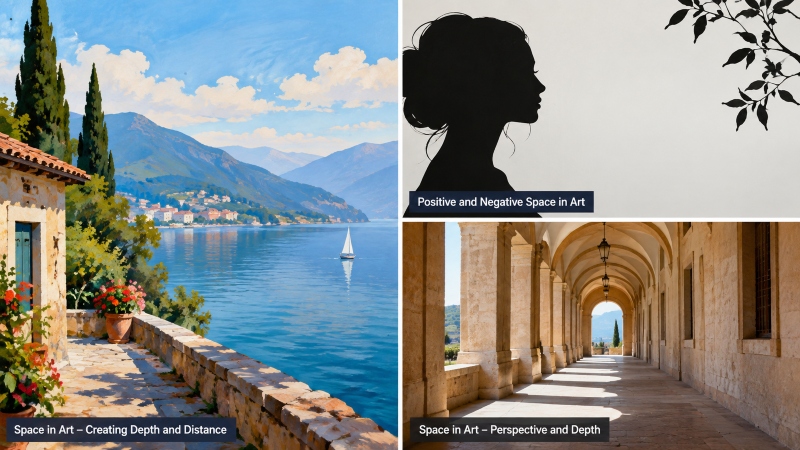 Space in art showing positive and negative space, depth, distance, and perspective